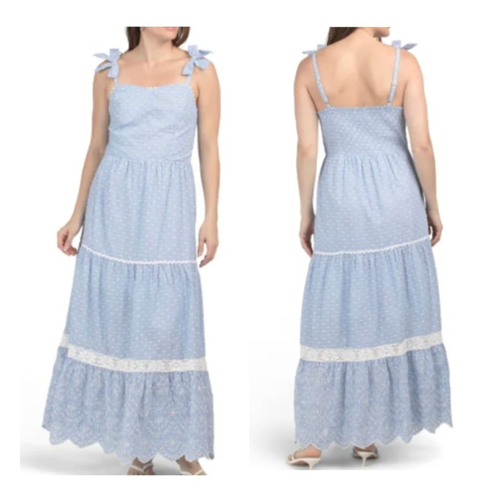 Shabby Chic Maxi Dress Size 12 Blue White Striped Eyelet Lace NWT Cottagecore